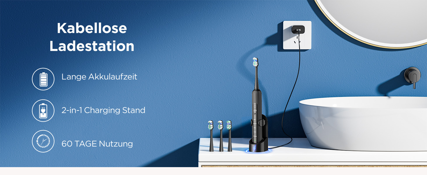 Електрична звукова зубна щітка для дорослих та дітей, 5 режимів чищення, 3 рівні інтенсивності, таймер, 8 насадок, чохол для подорожей, акумуляторна, чорний Obsidianschwarz