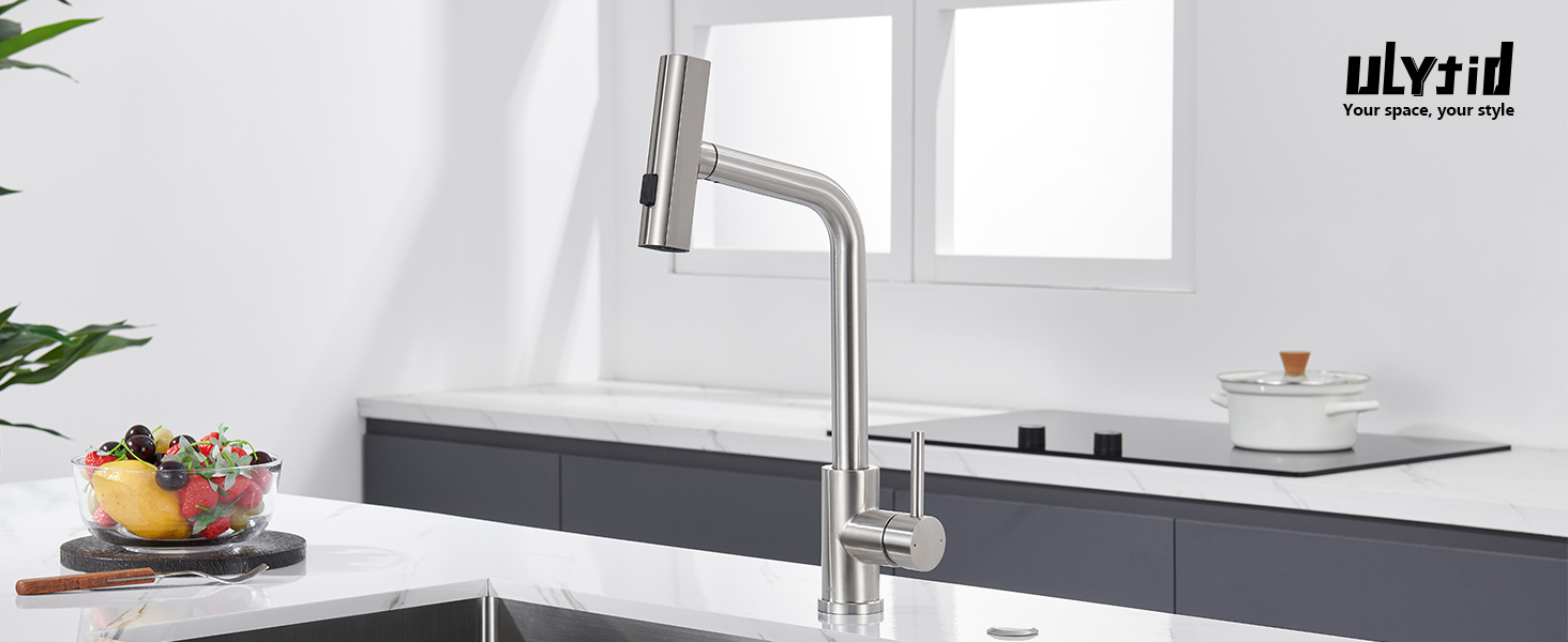 Чорний кухонний змішувач з висувною лійкою, водоспад, високий тиск, 3 режими, 360° поворот, нержавіюча сталь (нікель)