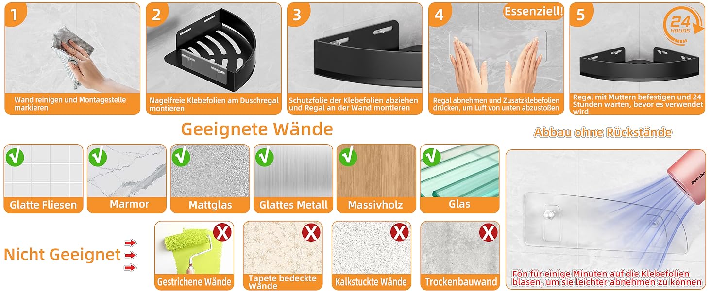 Поличка для душу без свердління, кутова, з нержавіючої сталі, з алюмінію, чорна - 2 шт.