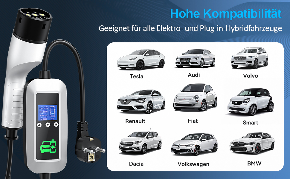 Кабель для зарядки електромобіля Type 2, 3.68kW, 6м, 16A, з цифровим дисплеєм та таймером, для PHEV та EV