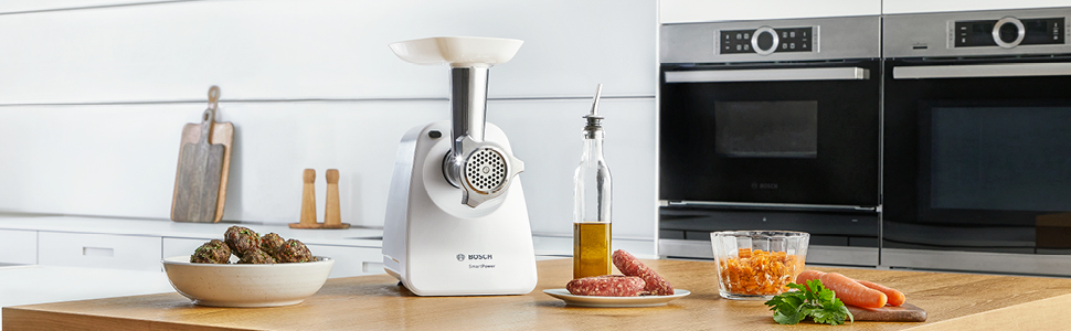 М'ясорубка Bosch SmartPower MFW2500W електрична, біла - компактна, потужна 1500 Вт, 1 диск 3.8 мм