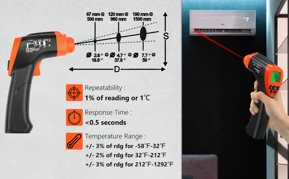 Інфрачервоний термометр 30:1 з лазером та додатком, IR термометр -50℃-1600℃, 8-14μm, безконтактний, Max/Min/Avg/DIF (980G)