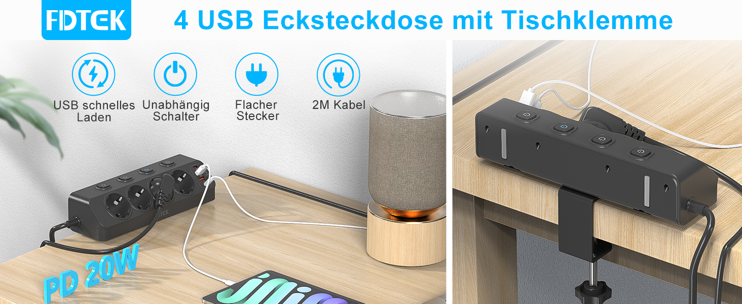 Мережевий адаптер PD 20W з плоским штеплером, розетка FDTEK 4-портова з індивідуальним вимикачем, 4000W, 16A, USB-C, розетка для столу з вимикачем, настільна розетка з кріпленням на стіну, кабель 2м (Чорний з кріпильною пластиною)