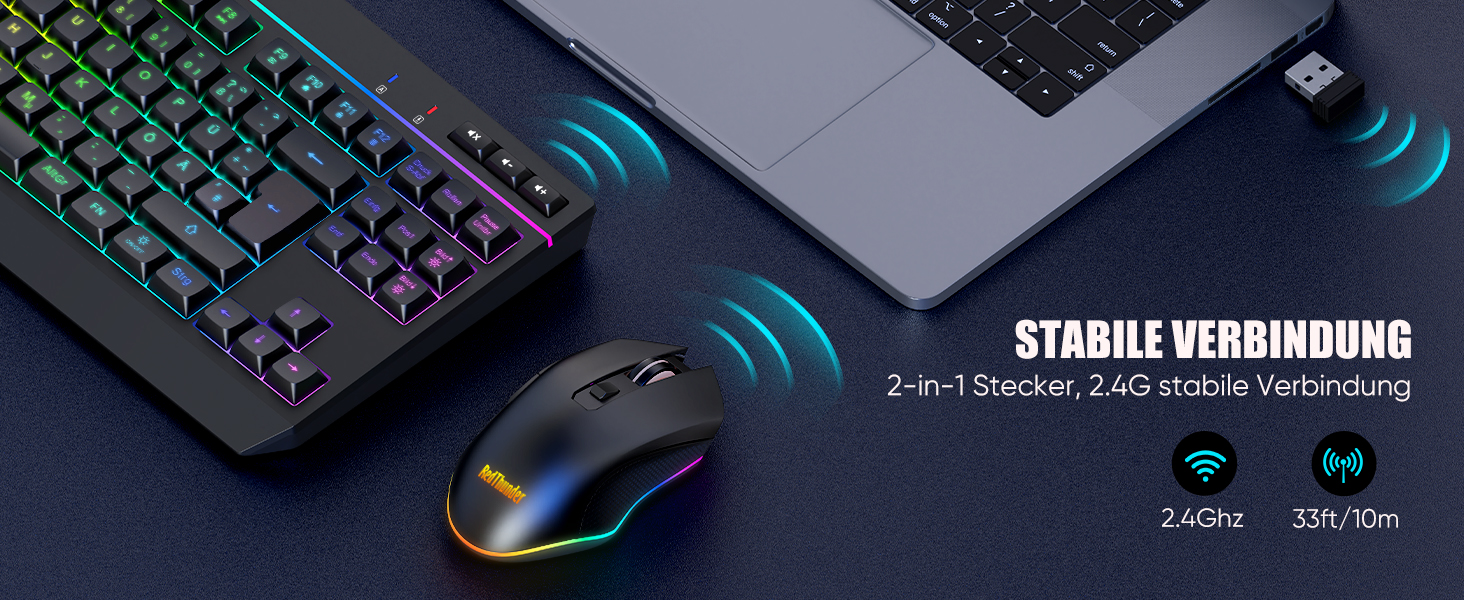 Бездротовий комплект клавіатури та миші RedThunder 75% QWERTZ RGB з підсвічуванням, для ПК Xbox PS5, чорний. Підтримка мультимедійних функцій та оптичний сенсор 7D.