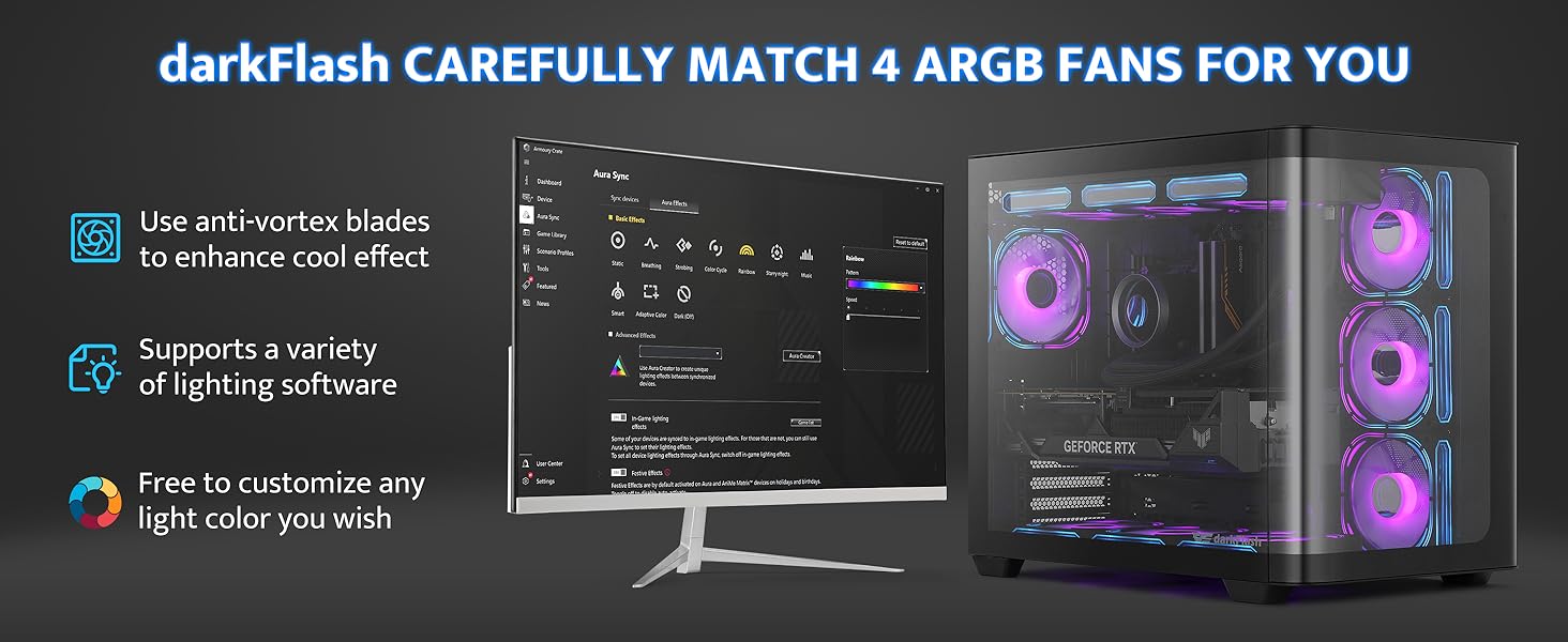 darkFlash ATX корпус для ігрового ПК Mid-Tower, 4 ARGB вентилятори, прозора передня панель, 2 камери, Typ-C, підтримка 2x360 AIO, чорний (DPW90)