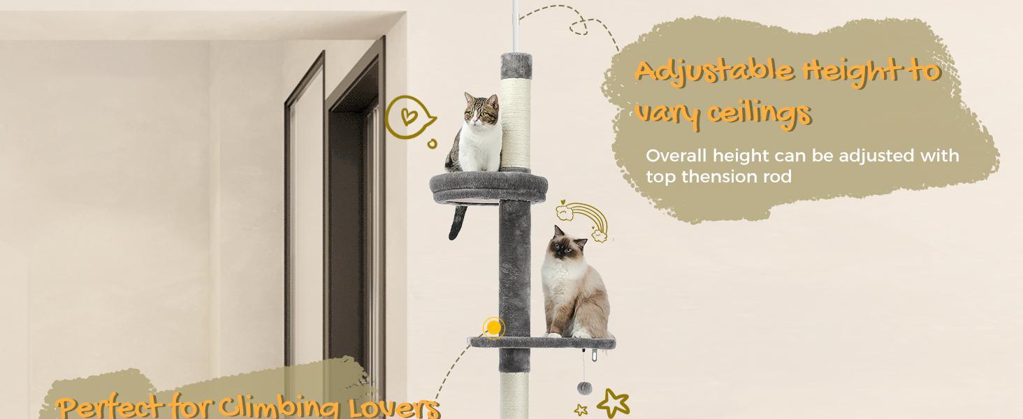 Комплекс для котів PAWZ Road, 5-ярусний, від підлоги до стелі, регульована висота, багатофункціональний: кігтеточка, ліжко, іграшка-кулька (сірий)