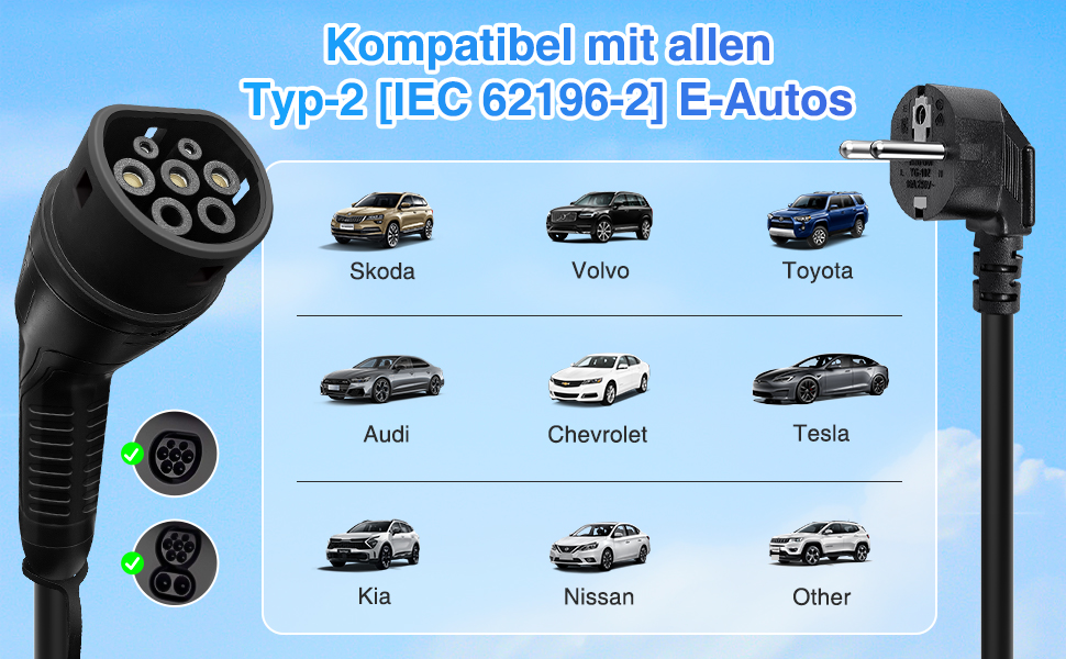 Зарядний кабель Type 2 Schuko 3.68kW 6-16A для електромобілів та PHEV, 7м, LCD дисплей, IP65