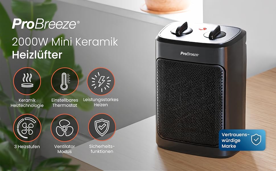Керамічний обігрівач повітря Pro Breeze 2000W з термостатом, 3 режими нагріву та функцією охолодження, електричний конвектор із захистом від перегріву та перекидання, чорний