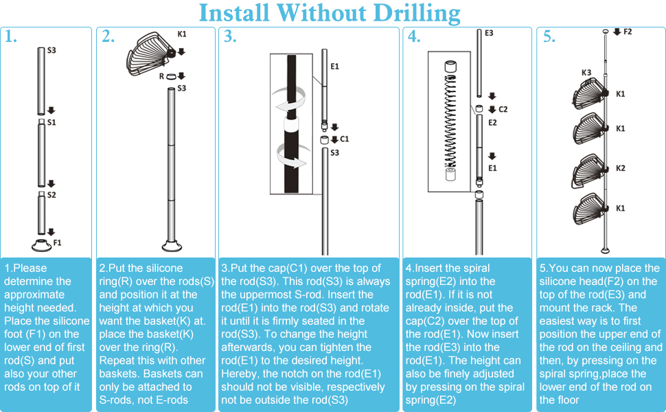DUFU Поличка для душу та ванни кутова металева з 4 кошиками, регульована висота 73-265 см, чорна