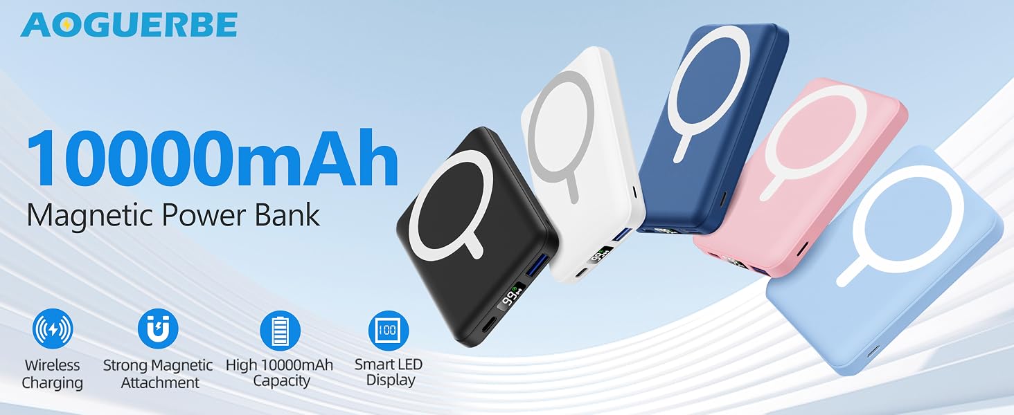 Бездротовий Power Bank AOGUERBE MagSafe 10000mAh, швидка зарядка 22.5W, USB-C, для iPhone 17/16/15/14/13/12 Pro Max, Рожевий
