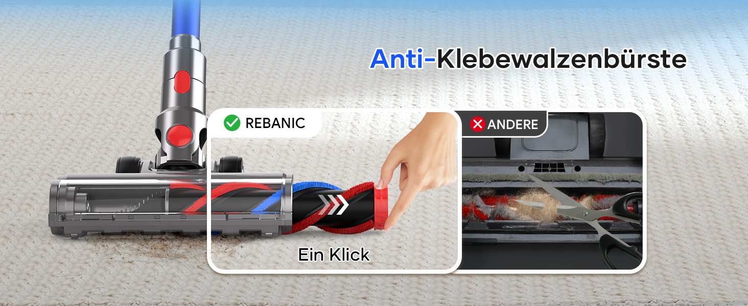 Бездротовий пилосос REBANIC S18 Max з дисплеєм, 600 Вт, 75 хвилин роботи, 58000 Па, об'єм контейнера 2 л, для твердих підлог, килимів, шерсті тварин, блакитний