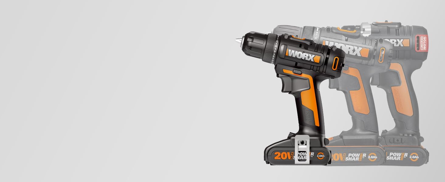 WORX WX108 акумуляторний дриль-шуруповерт 20V – універсальний інструмент для свердління та закручування, двоступеневий регулятор швидкості та 20+1 налаштувань крутного моменту до 45Nm – в комплекті 2x2Ah акумулятори та зарядний пристрій (10мм патрон, 30Nm, в комплекті 2Ah акумулятор та зарядний пристрій)