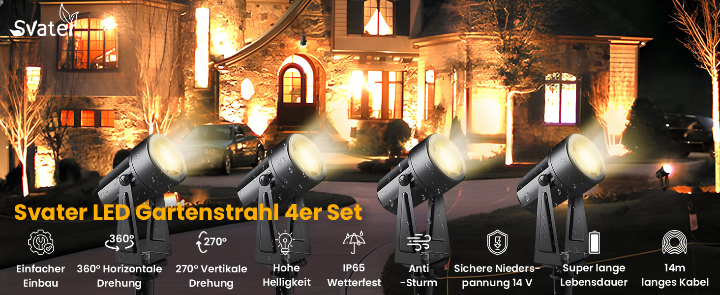 LED Garden Lighting Set with Power, 14M, 4 Spotlights, Warm White 3000K, IP65 Waterproof, 600lm, 27V, 4-in-1