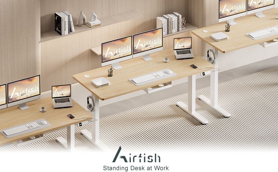 Електричний регульований стіл Airfish з USB-C зарядкою, керуванням кабелів та 3 рівнями пам'яті (140 x 80 см, Бежевий)