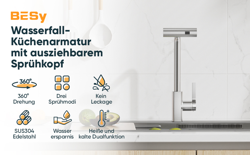 Кухонний змішувач BESy з 3 режимами струменя, висувна лійка, водоспад, поворотний на 360°, для високого тиску, з нержавіючої сталі SUS304, щіткова обробка