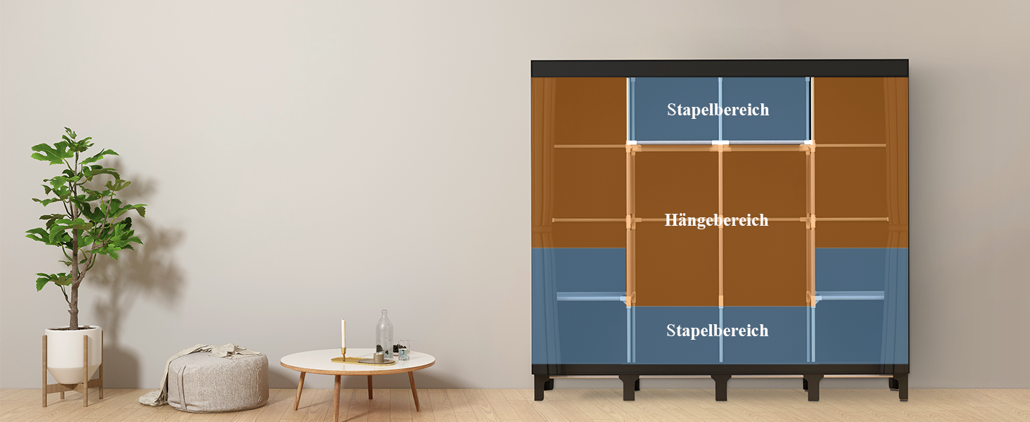 Тканинна шафа LOEFME 170x175x45 см для спальні, чорна, з 2 рейками для вішалок