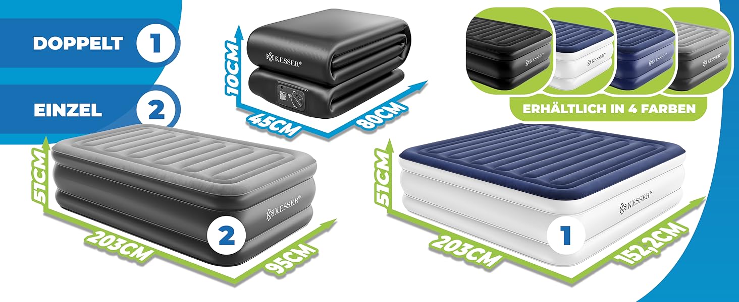 Надувний матрац KESSER® з електричною помпою, самонадувний, для гостей, кемпінгу та дому. Матрац для 1 особи, 203 x 95 x 51 см, сірий/антрацит