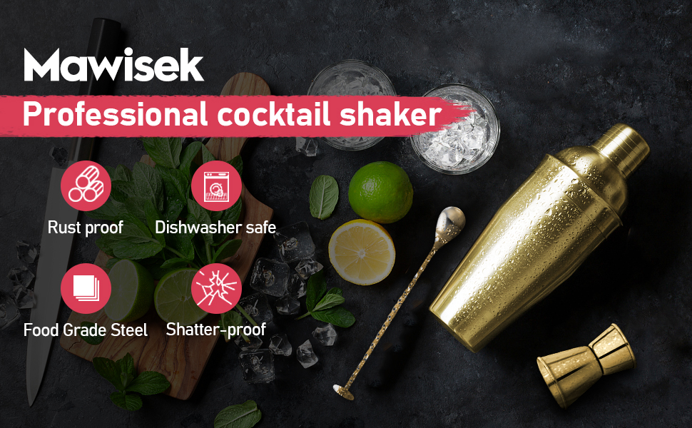 Набір шейкер для коктейлів 750 мл: професійний барний аксесуар з вбудованим ситом, мірний стаканчик та барна ложка. Ідеально для Мартіні, Маргарити та коктейлів (золотий)