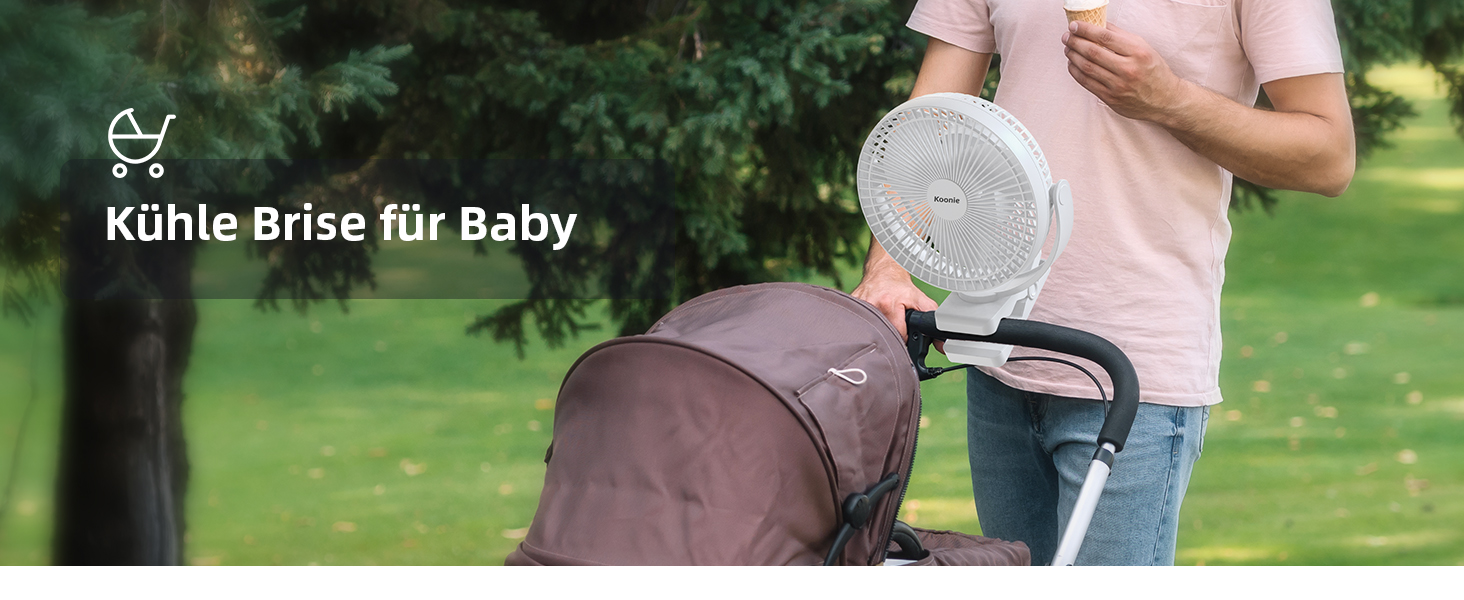 Вентилятор Koonie 10000 mAh з кліпсою, 20 см, портативний USB, акумуляторний, 4 швидкості, 360° оберт, тихий, для дому, офісу, дитячої коляски, кемпінгу, гроубокса (білий)