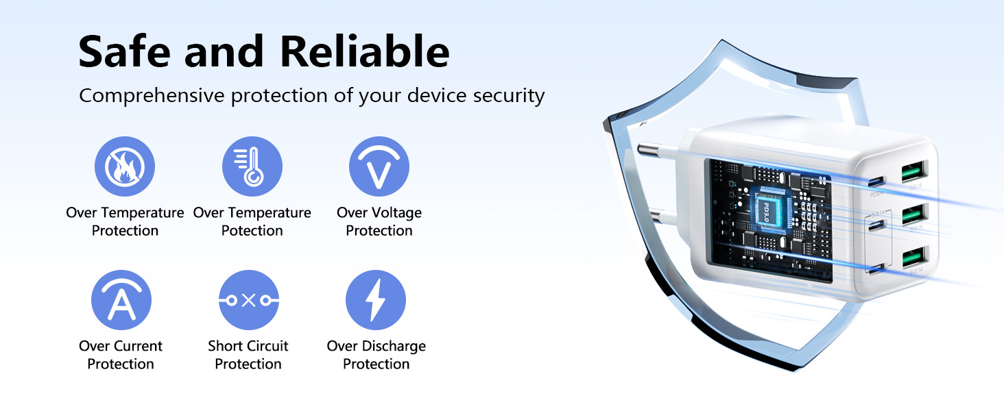Зарядний пристрій USB-C 60W, 6 портів (3x USB-C, 3x USB-A), PD+QC швидка зарядка, адаптер живлення для iPhone 14/15/16/17, Samsung S24/S23/S22 - Білий