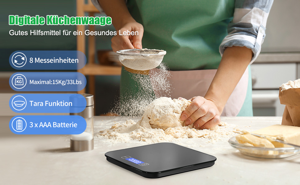 Кухонні ваги FATE TO FATE Digitale Küchen-Lebensmittelwaage: 15 кг, LED-дисплей, вологостійкі, з функціями Tara та PCS, для приготування їжі, чорний