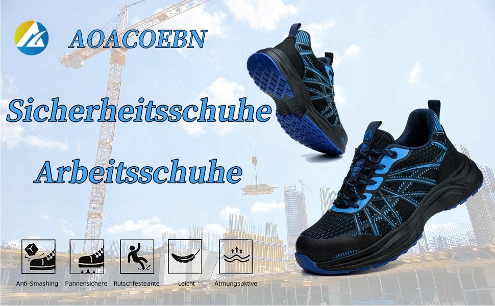 Черевики безпеки для чоловіків та жінок. Легкі спортивні робочі черевики з металевим носком, неслизькі, дихаючі. Розмір 44 EU, синій.