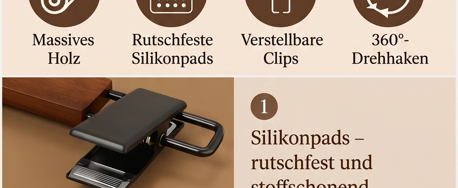 Набір дерев'яних вішаків для штанів та спідниць з регульованими антиковзаючими затискачами та поворотом на 360°, натуральне дерево, колір горіх, 10 шт.