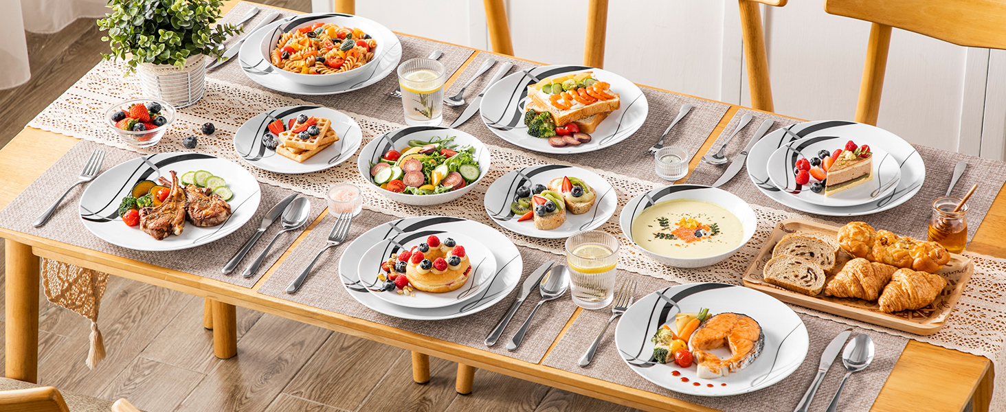 VEWEET Набір посуду 18 предметів на 6 осіб, порцеляновий сервіз, 6 тарілок для їжі, десертних та супових тарілок, сервіз Fiona