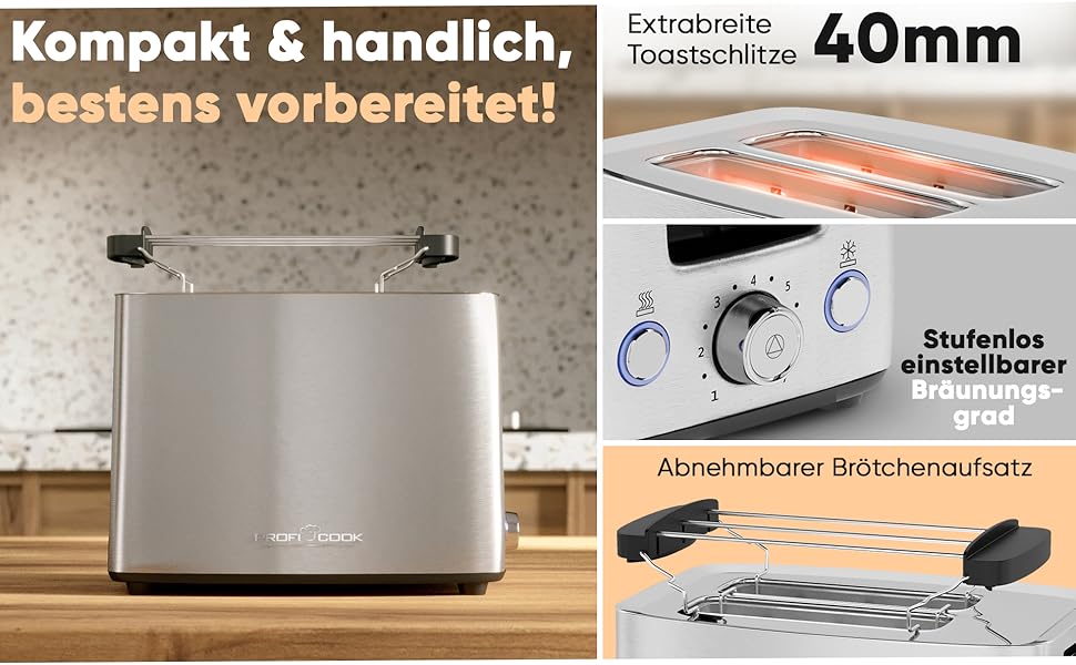 Тостер ProfiCook PC-TA 1244: 2 відділення, широкі слоти, 7 рівнів підсмажування, зйомна крихта, корпус з нержавіючої сталі, сенсорне керування, насадка для тостів