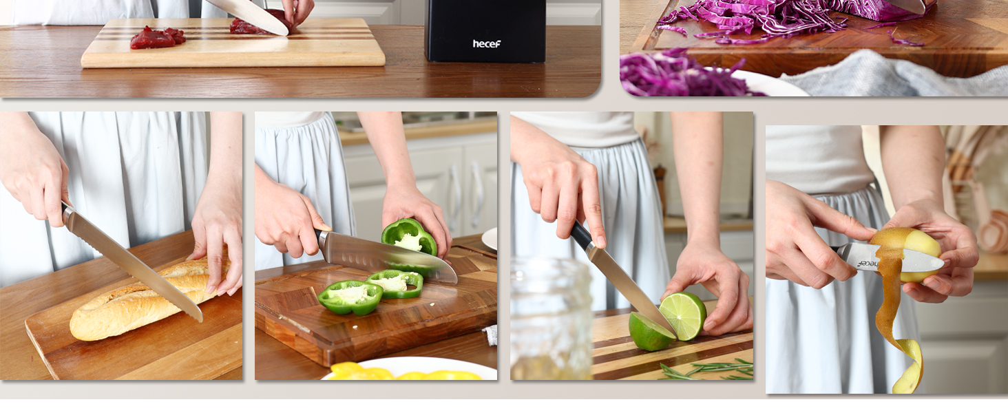 Набір ножів Hecef з підставкою 7 предметів, чорний – кухонні ножі з кованого нержавіючого сталевого леза, повний ергономічний руків'я з подвійним болстером, ергономічний дизайн, нагорода Red Dot Design Award, економія місця, ідеальний подарунок для кухні