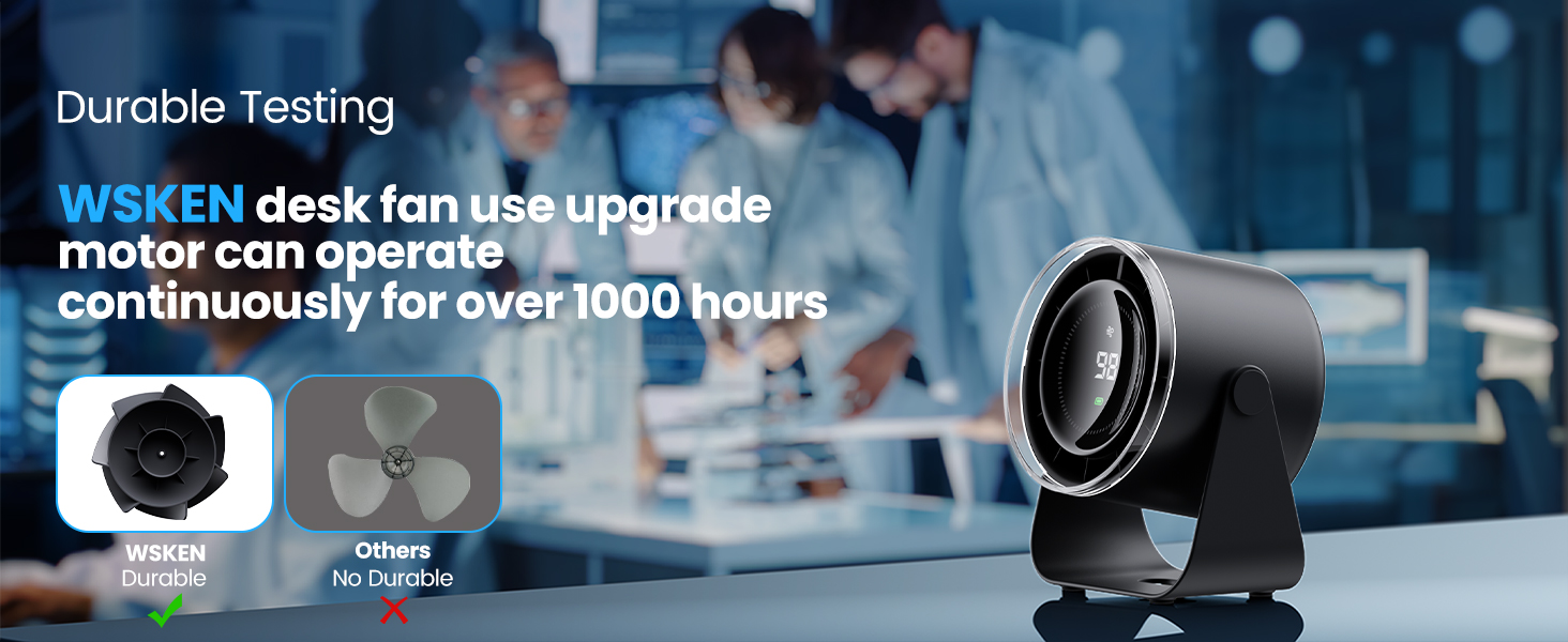 Вентилятор WSKEN з акумулятором - турбо режим, цифровий дисплей, 100 швидкостей, портативний настільний вентилятор, 115° обертання, потужний потік повітря, тиха робота, міні вентилятор для офісу, на вулицю, блакитний/чорний