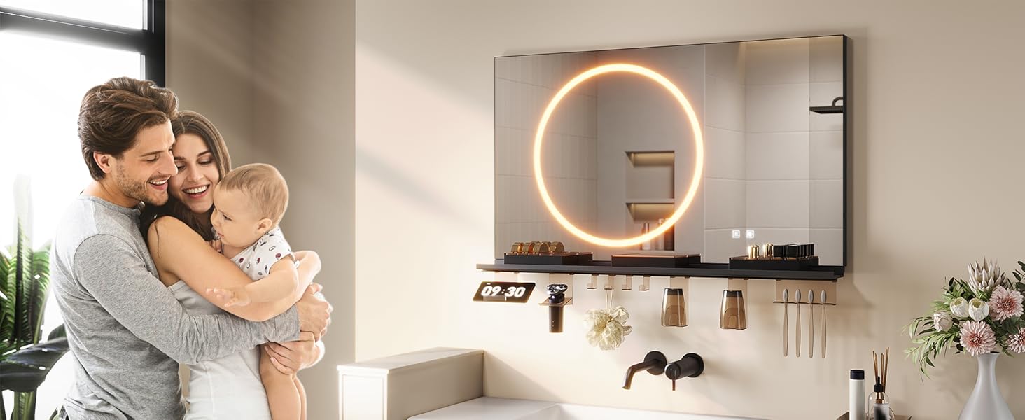 Дзеркало для ванної кімнати SONNI з підсвічуванням 120x60 см, 3 кольори світла, антизапар, годинник, температура, LED, сенсорне керування, білий