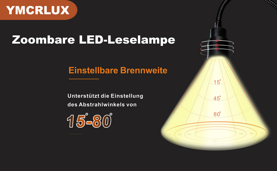 Світлодіодна приліжкова лампа з кліпсою Zoombare: диммер, гнучкий гусак, 3 режими світла, 10 рівнів яскравості, чорна
