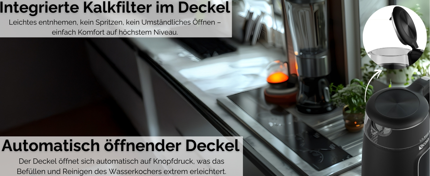 Електрочайник Ecosa® зі скляною колбою та регулюванням температури, 1,7 л, 2200 Вт, не містить BPA, з підігрівом та LED-підсвічуванням (Black Pearl)