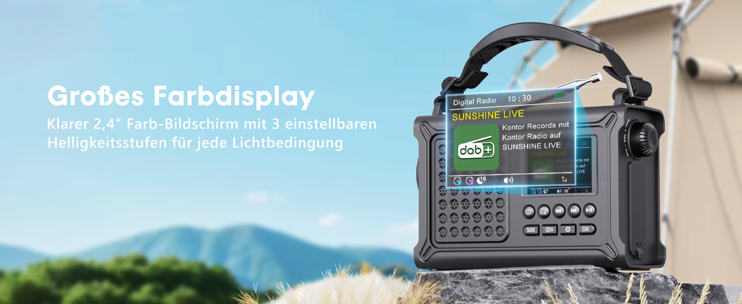 ROCAM Радіоприймач на ручку DAB+/UKW, портативне аварійне радіо з сонячною панеллю 8500 мм² та ручкою 650 мА, цифрове радіо з Bluetooth, 2.4' кольоровий дисплей, 80 станцій, SOS, LED ліхтарик, USB, IPX6 для кемпінгу, чорний