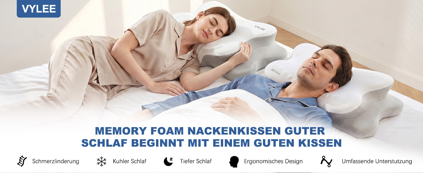 Подушка для шиї VYLEE з піни Memory Foam: ортопедична для сну на спині, боку та животі, від болю в шиї та плечах (Сіра)
