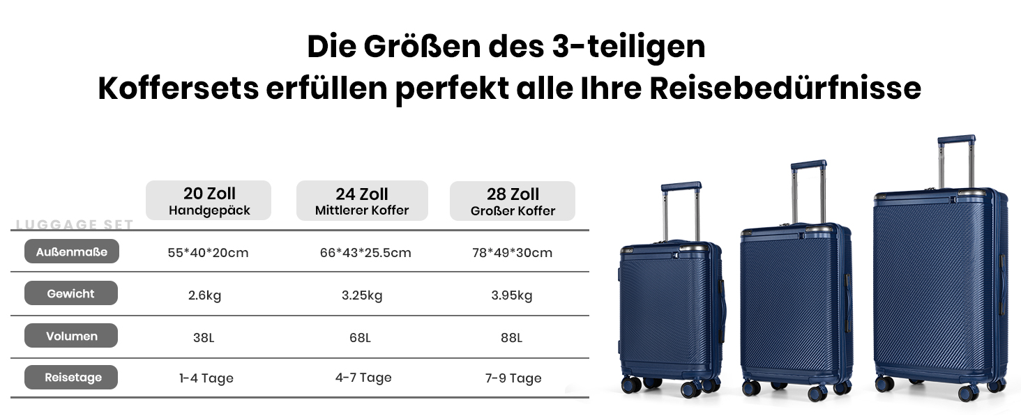 Набір валіз Tavoxda 3 шт. з TSA-замком, з регульованою ручкою, великі валізи, набір для подорожей для жінок та чоловіків (1 шт, темно-синій)