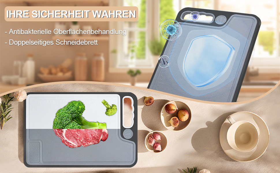 Набір з 3 дерев'яних обробних дощок для кухні, 35x23 см, антибактеріальні, BPA Free, з жолобками для соку та неслизькими ручками, чорний/сірий/білий