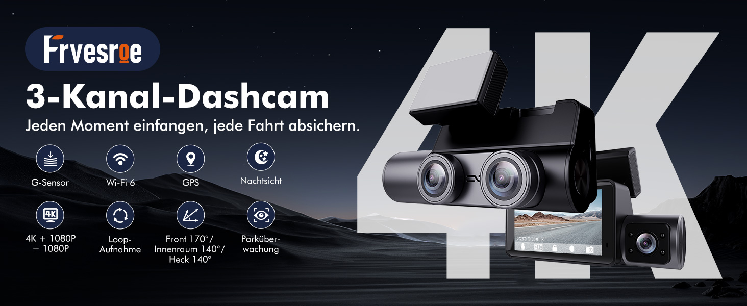 Відеореєстратор для авто 3-Kanal 4K UHD + Full HD (передня 170°, задня 140°, внутрішня 140°) з GPS, WiFi 6, нічним баченням HDR/WDR, 24/7 паркування, 64GB карта пам'яті