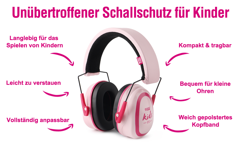 Навушники для захисту від шуму GREEN DEVIL для дітей 3-16 років (SNR27.4) - комфортні, складні, рожеві