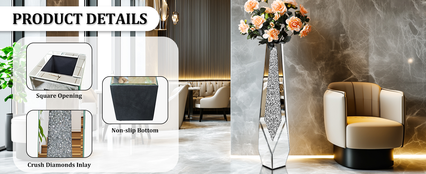 Ваза для квітів напольна 68 см, срібна ваза з кристалами для пампас трави, скляна ваза з дзеркальними діамантами, декоративна розкішна блискуча ваза для вітальні, декор інтер'єру – не для води (23 см x 85,5 см)