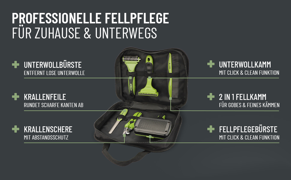 Набір для догляду за шерстю ReaVET для собак та котів (6 предметів) | Щітка для шерсті, знімач ковтунів, щітка для підшерстка, гребінець від бліх, ножиці для стрижки нігтів, сумка для аксесуарів