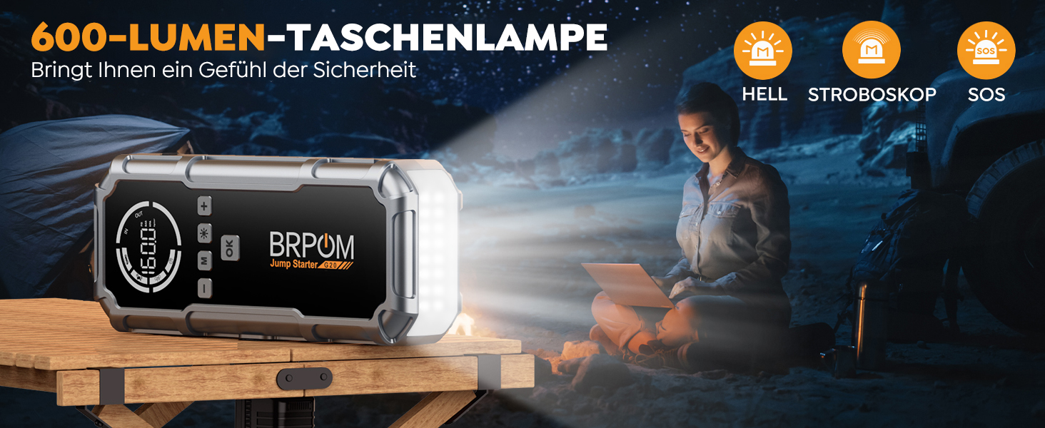 Powerbank Starthilfe BRPOM 8000A з компресором 160PSI для автомобілів, 26800mAh, підтримка бензинових та дизельних двигунів (12.0L), LED-ліхтар 600LUM, сріблясто-сірий колір