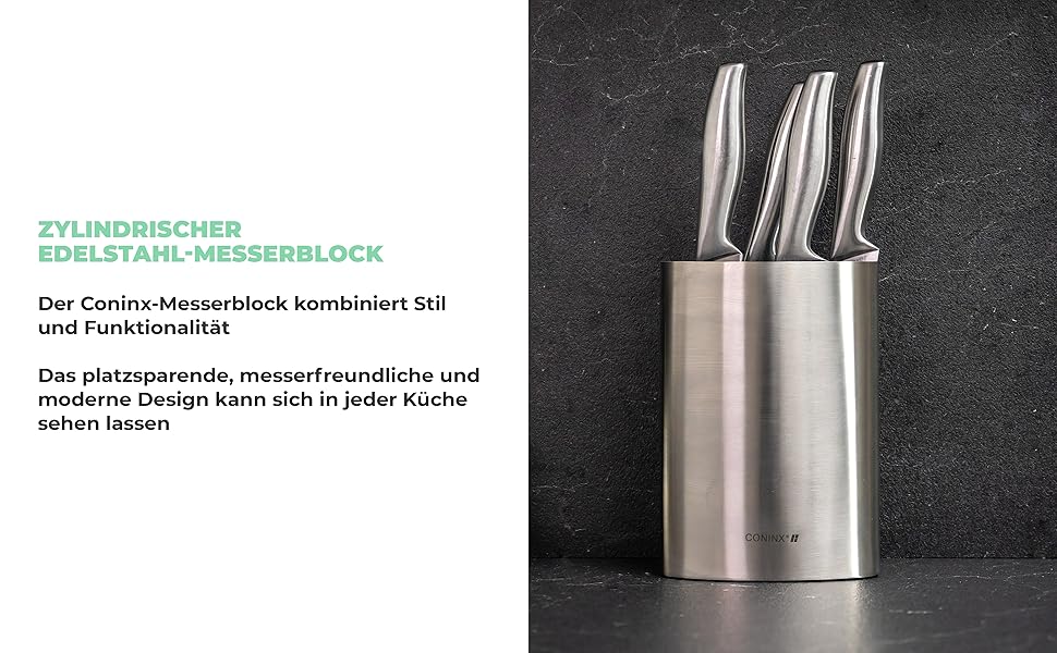 Coninx Knife Block without knives - Knife block with brush insert - Knife Block in Silver - Universal empty knife block stainless steel - Empty knife holder - Suitable for all kitchen knives