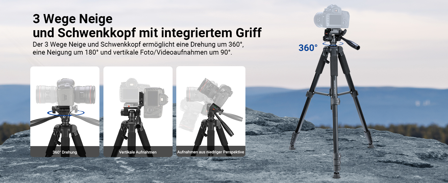 Полегшений алюмінієвий штатив для камери та смартфона NEEWER Basics TP56, професійний компактний трипод для подорожей з 3-позиційною нахильною головкою, висота 188 см