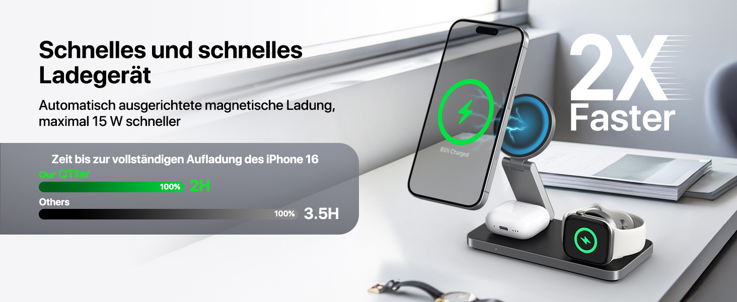 Бездротова зарядка Induktive з підтримкою MagSafe, 3-в-1 для iPhone 15/14/13/12, Apple Watch та AirPods, 30W, колір: чорний