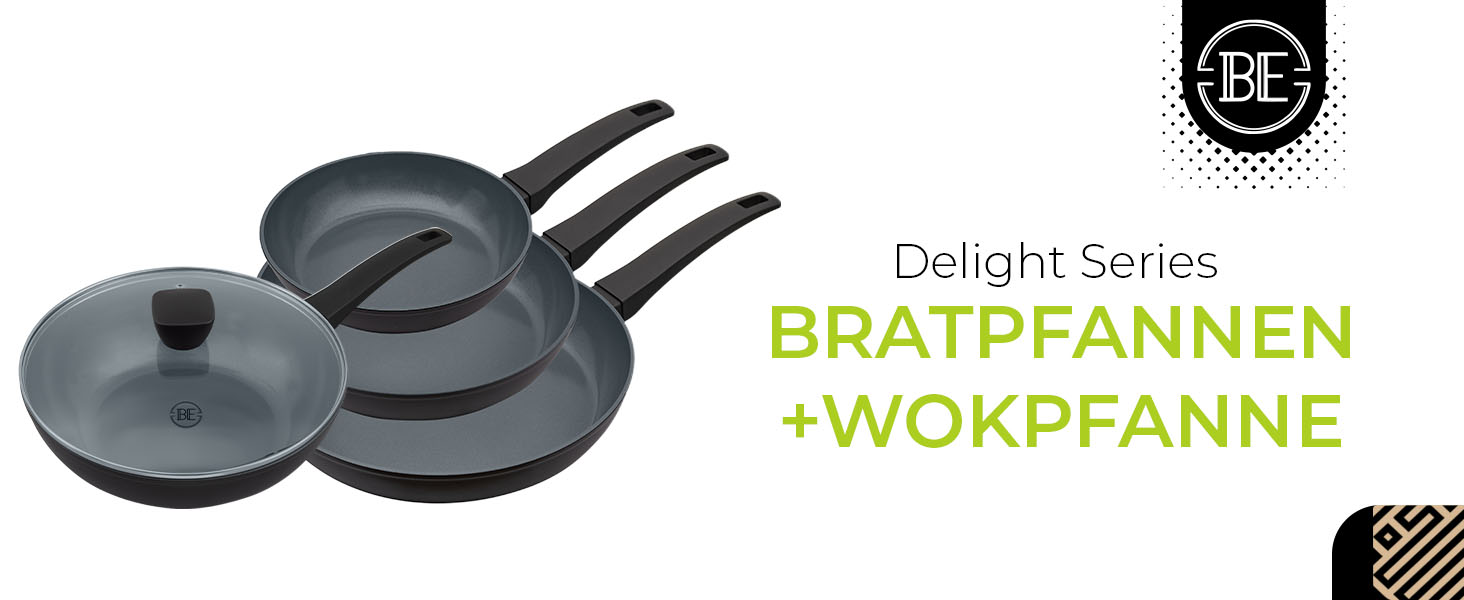 Набір сковорідок Be Living Delight 4 шт. (20/24/28 см + Вок 28 см з кришкою), антипригарне покриття кераміка, для індукційних плит, без PTFE та PFOA, чорний