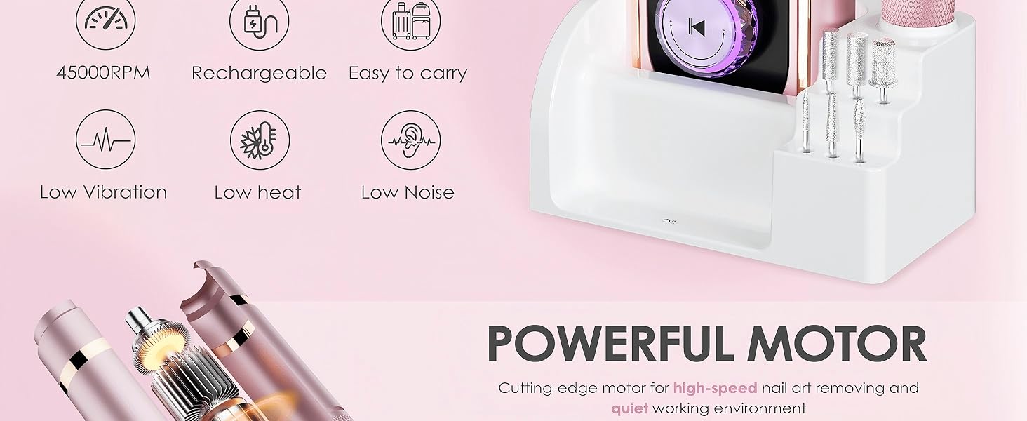 Професійна електрична фрезер для нігтів 45000 RPM, портативна, для манікюру та педикюру, рожева