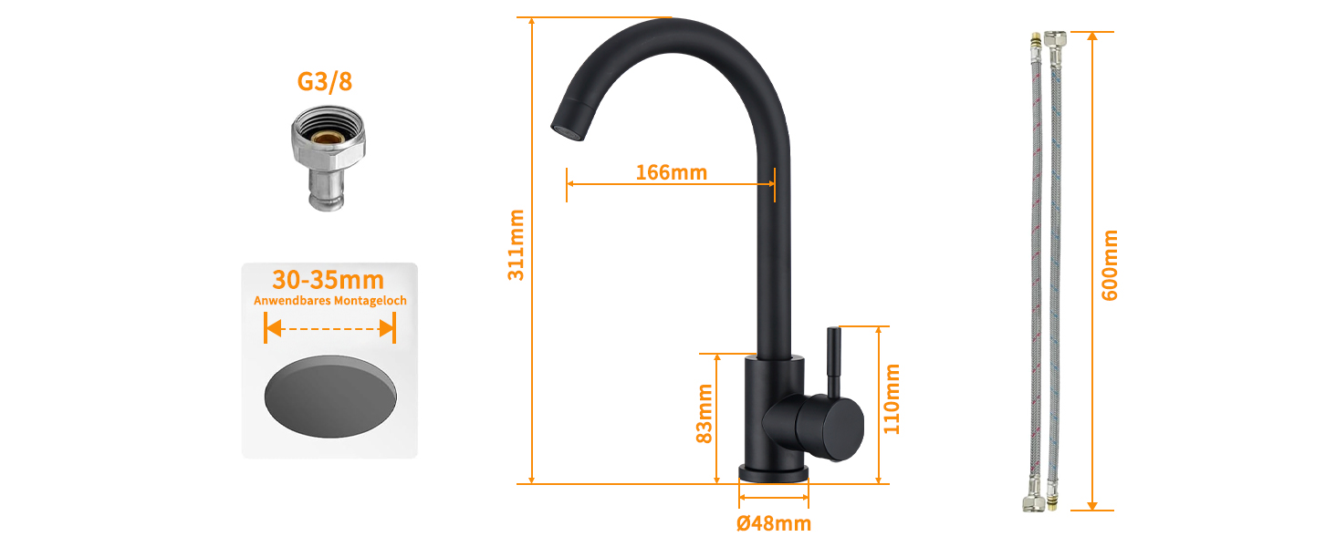 Кран кухонний HOMELODY чорного кольору, 360° поворотний, з високим виливом, з нержавіючої сталі, одноlever, G3/8 з'єднання