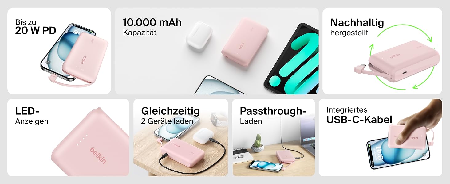 Повербанк Belkin BoostCharge 10000mAh з вбудованим кабелем USB-C, 20W, LED-індикатором, рожевий